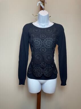 Springfield Top Size S Navy Cotton Knit Lace Front Panel Long Sleeve NWT